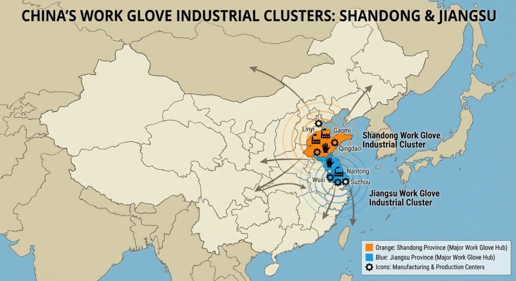 Where is the industrial cluster for work gloves located in China?