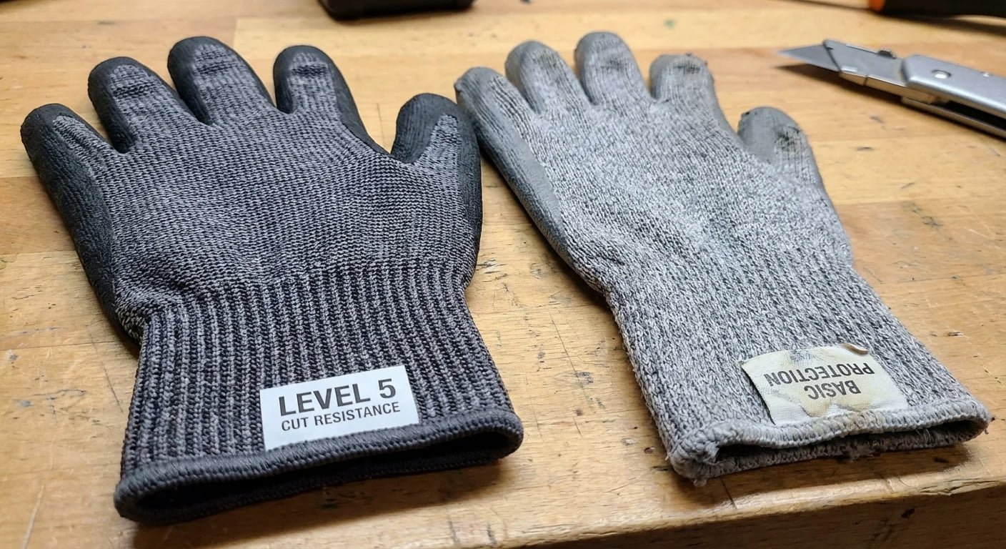A close-up of a high-quality cut-resistant glove versus a lower-quality one.