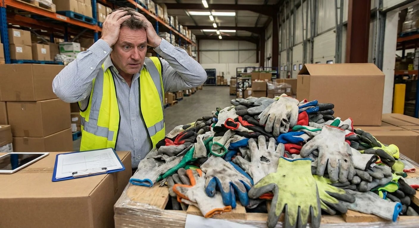 A frustrated procurement manager looking at a pile of defective work gloves.