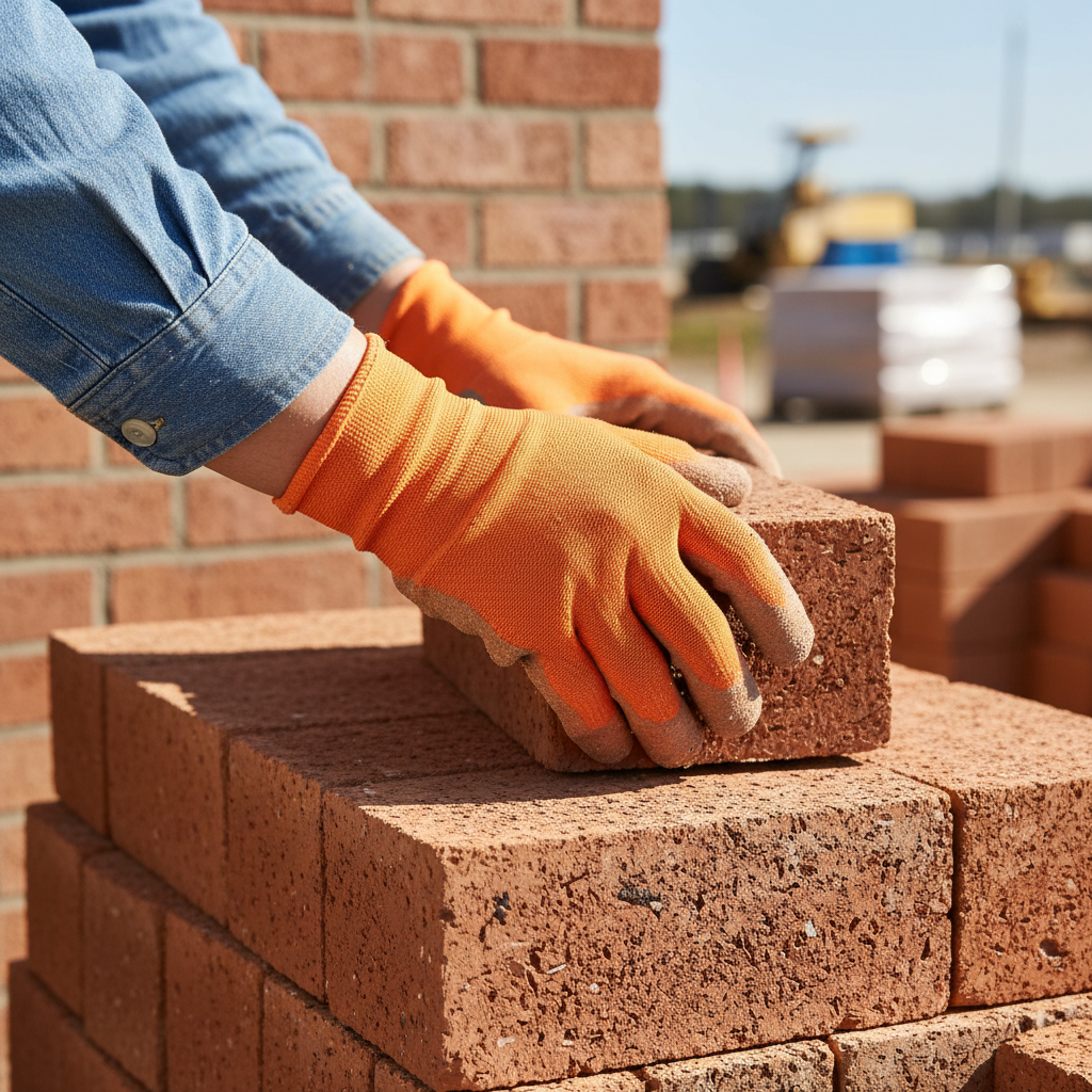 A construction worker wearing orange latex coated gloves handling bricks.