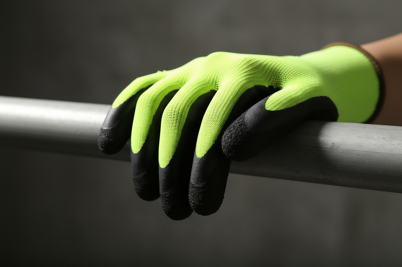 Close-up of a Sandy Nitrile glove texture on a metal pipe